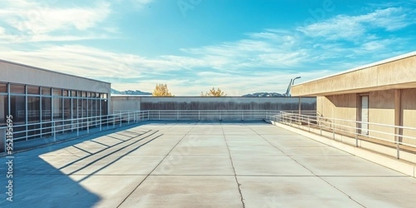 Fototapeta A sunny day on the roof of a school building. A rooftop view with concrete, railings and blue sky. 