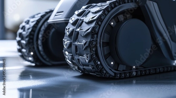 Fototapeta A cleaning robot's rubber wheels, with focus on the tread pattern and suspension system.