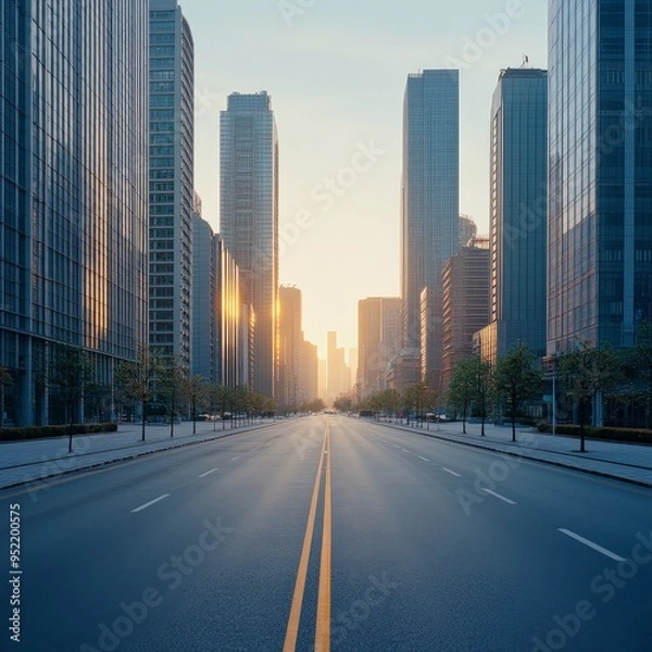 Fototapeta Pristine Empty Road Through Modern Cityscape at Morning Light