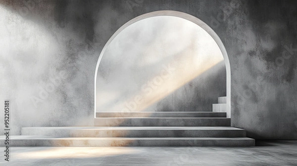 Fototapeta A concrete room with an arched doorway and stairs leading up to a bright light shining through.