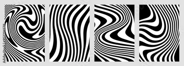 Fototapeta Vintage poster set. Black and white wavy backgrounds. Retro, groovy, abstract prints. Vector illustrations.