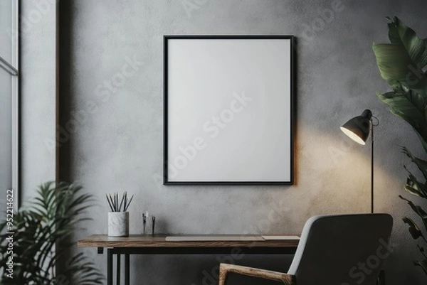 Fototapeta A minimalist workspace featuring a blank frame, desk, lamp, and plant.