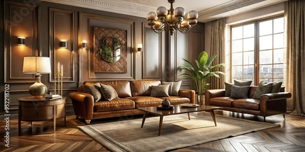 Fototapeta Elegance pulses through opulent spaces where luxury furniture meets modern essentials, warm light dancing across supple leathers, woods, and metallic accents.