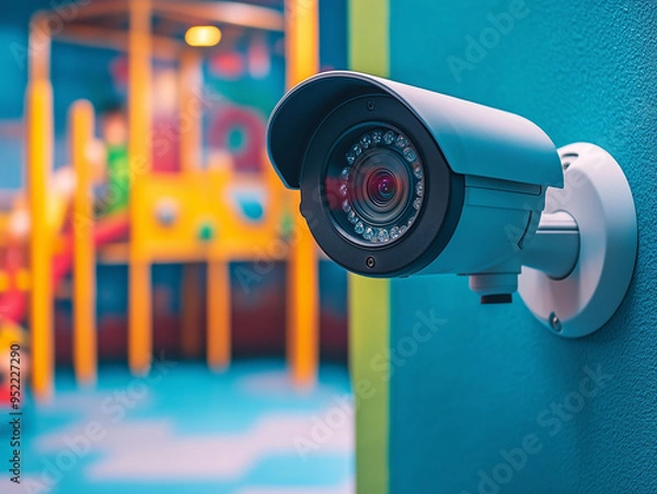 Fototapeta A surveillance camera is positioned on a wall, overseeing a vibrant playground filled with multicolored play equipment. This ensures safety while kids enjoy their time