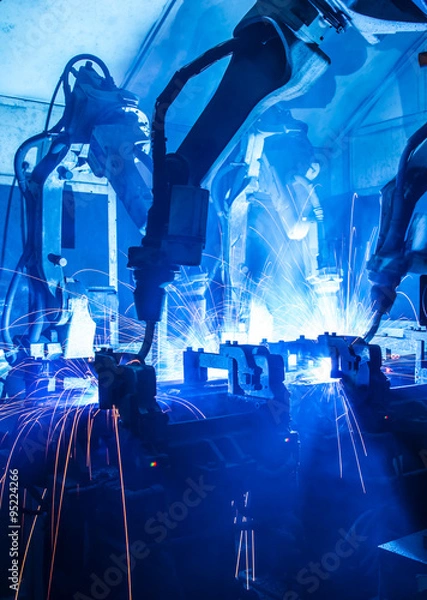 Obraz  Welding robots movement in a car factory