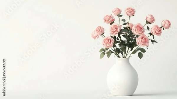 Fototapeta A simple white ceramic vase filled with fresh pink roses, set against a plain white background.