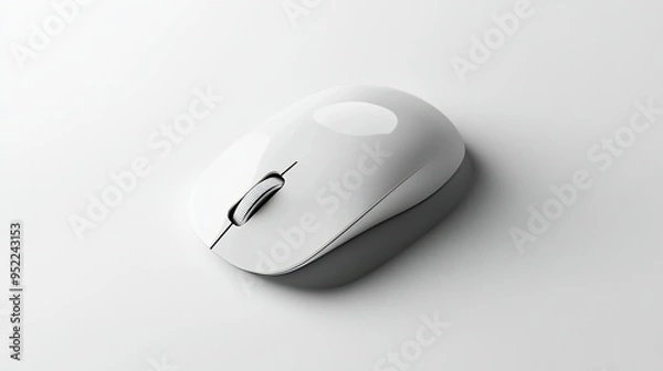 Obraz A sleek white computer mouse, perfectly centered on a white background, with subtle reflections and shadows