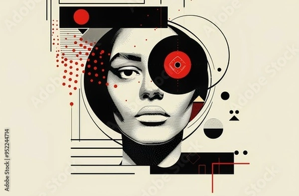 Obraz Abstract modern design with geometric shapes and an eye mask on the face, representing self-portrait or mental health in black, white and red color, in style of geometric abstraction 