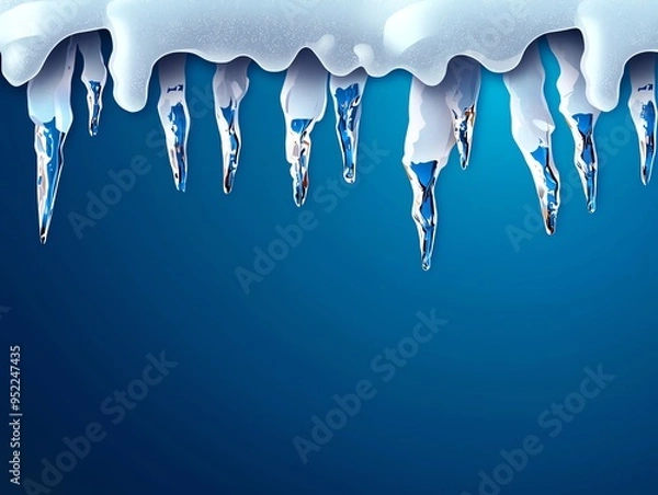 Fototapeta Icicles hanging from a snowy edge, reflecting light against a blue background, creating a serene winter atmosphere.