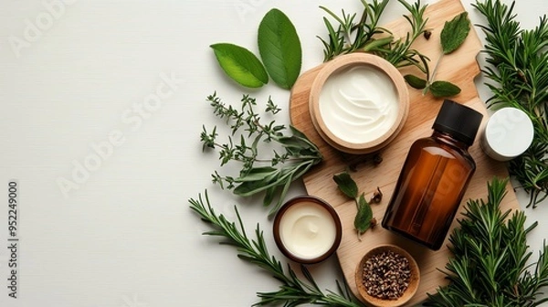 Obraz Natural skincare ingredients arranged on a wooden board with herbs, lotion, and essential oils for wellness and beauty.