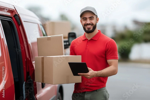 Fototapeta A delivery person in a red shirt with a van and boxes.