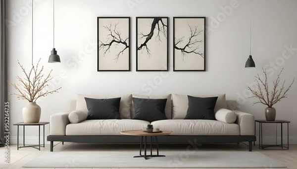 Fototapeta A minimalist living room with a large beige sofa, and three framed black and white artworks depicting a bare tree branch on the wall.