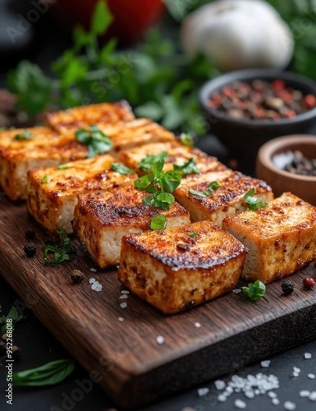 Fototapeta Fried tofu with spices on wooden board close up, delicious healthy vegan Asian meal