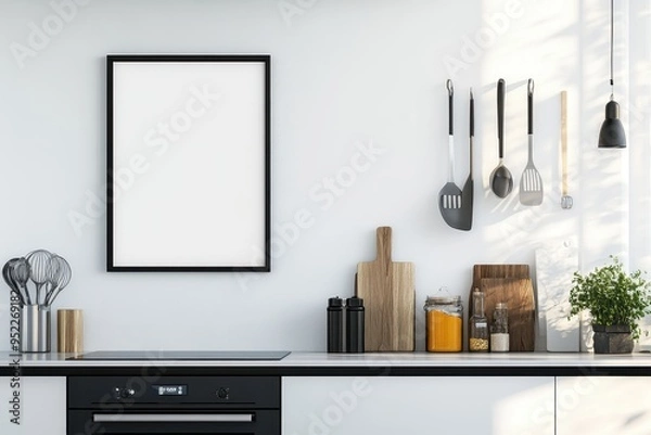 Fototapeta A modern kitchen with utensils, a blank frame, and decorative elements.