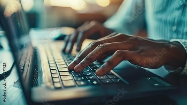 Fototapeta Close-up of hands typing on a keyboard during a computer consulting session. 