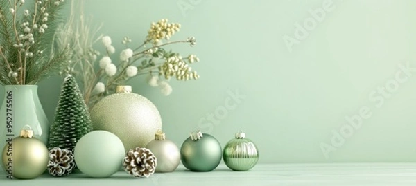 Obraz Green shiny christmas baubles, balls in front of vases with branches on table. Wall in pale green sage color. Copy space for seasonal celebration of holidays, new, year.