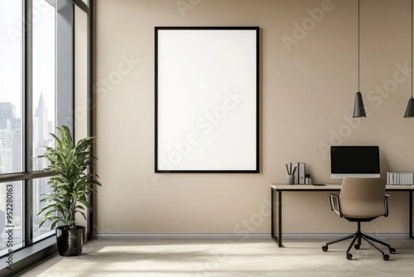 Obraz A modern office space featuring a blank wall, desk, computer, and a potted plant.