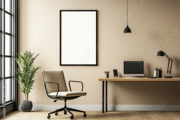 Fototapeta A modern office space with a chair, desk, and plant, designed for productivity.