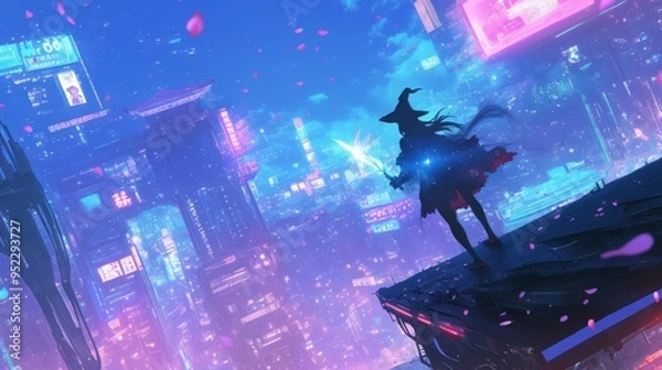 Fototapeta Neon-clad cyberpunk witch in a futuristic city casting glowing spells in the eerie Halloween night