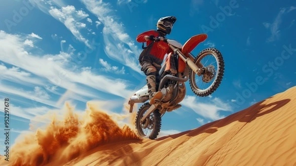 Fototapeta A young motorcyclist demonstrates his skills by performing extreme stunts among the golden sands of the desert under a clear blue sky