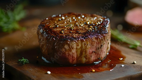 Fototapeta A perfectly seared steak with a rich glaze, garnished with herbs, showcasing mouthwatering texture and flavor.