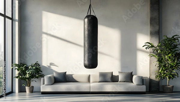 Fototapeta Modern interior with punching bag, minimalist design, large windows, and greenery enhancing the spacious atmosphere.