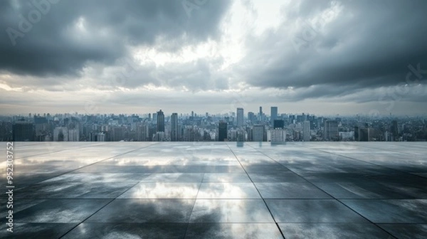 Fototapeta The cloudy sky looms over a cityscape, reflected on an empty marble surface, highlighting the mood of the urban environment.