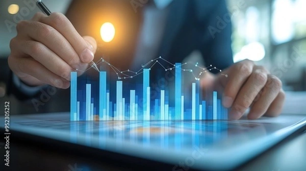 Obraz Business analysis of a column chart illustrating company progress and growth trends, focusing on 2024 investment opportunities