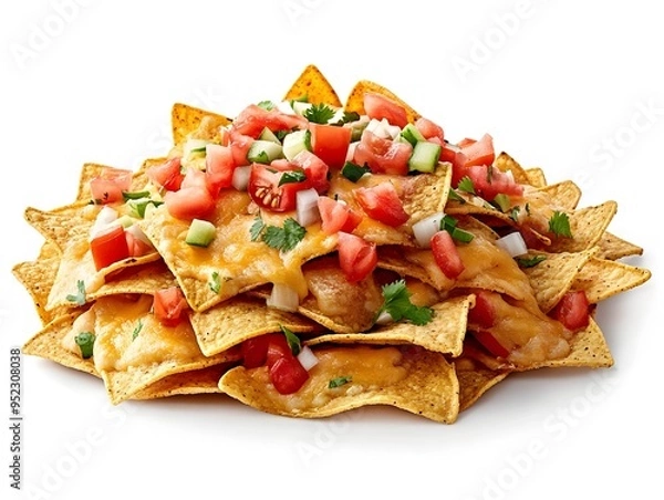 Fototapeta Freshly Prepared Appetizing Nachos with Melted Cheddar Cheese Diced Tomatoes Onions and Cilantro on a Plain White Surface