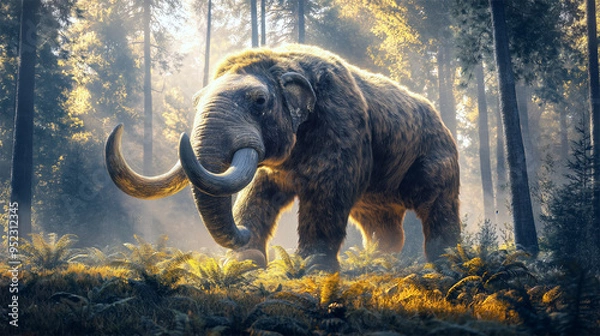 Obraz Extinct American Mastodon walking through dense ancient forest during the Ice Age
