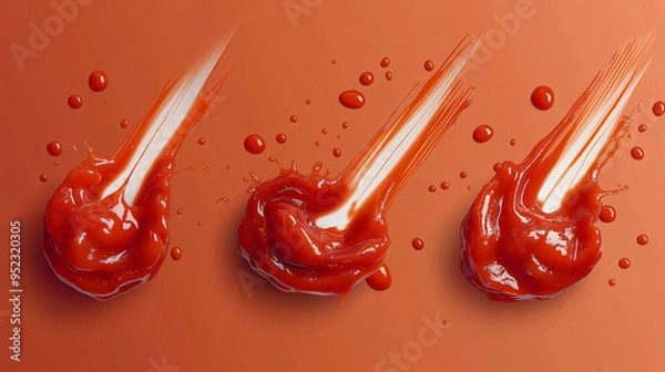 Fototapeta Set of splashes of delicious tomato ketchup, cut out on white background