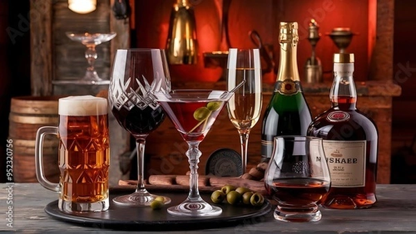 Obraz Selection of alcoholic drinks - beer, wine, martini, champagne, cognac whiskey rustic background