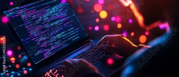 Obraz A coder works intensely on a laptop, surrounded by vibrant light patterns and glowing code, symbolizing innovation and technology.