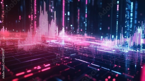 Fototapeta A futuristic financial graph with digital elements and rising lines, symbolizing growth in a modern business environment.