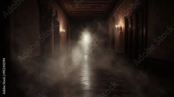 Fototapeta Eerie Haunted Hallway in Old Castle with Ghostly Figures and Mysterious Light at End in Thick Fog
