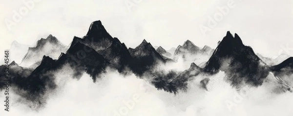 Obraz A brushed ink and black and white artwork of a mountain range