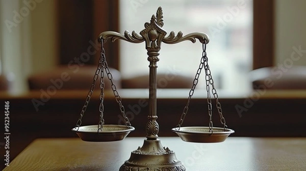 Obraz Scales of justice set against the backdrop of a courtroom, symbolizing the legal system.