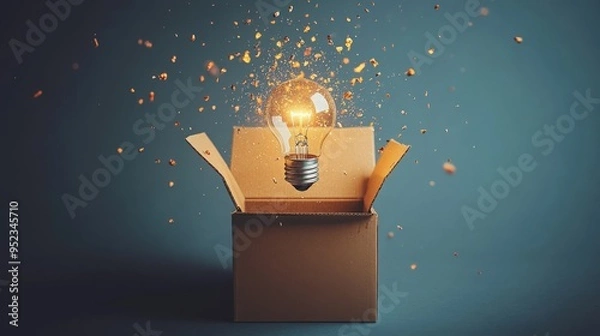 Fototapeta Out-of-the-box thinking, box breaking open with ideas, minimal white background, flat design illustration, copy space for stock photo with minimal concept, No logo, No Trademark, No text