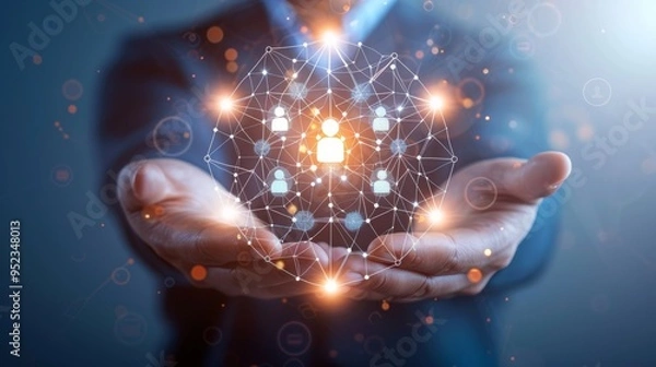 Fototapeta Businessman hold circle of network structure HR Human resources. Business leadership concept. Management and recruitment. Social network. Different person, business, leader