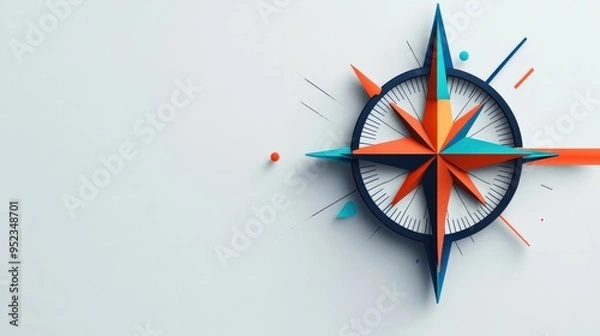 Fototapeta Compass pointing direction, clean lines, minimal flat design illustration on white background, copy space for stock photo with minimal concept, No logo, No Trademark, No text