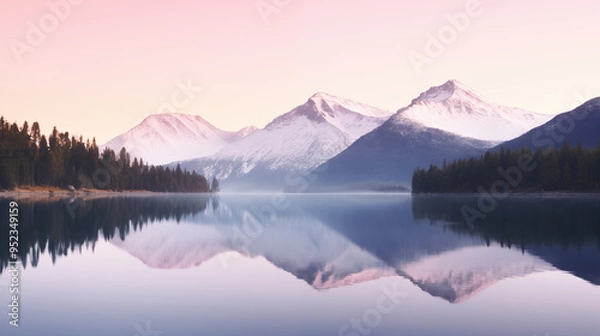 Fototapeta Snow-Covered Mountain Range Reflected in a Pristine Lake at Sunrise