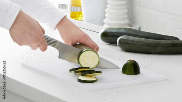 Fototapeta Closeup of a person slicing cucumbers on a plastic cutting board.