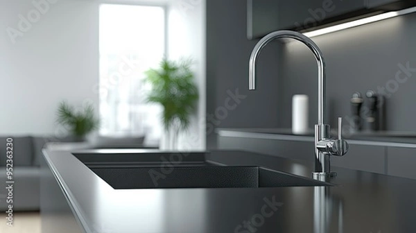 Fototapeta Contemporary kitchen sink with a high-tech faucet, deep basin, and seamless integration into a sleek kitchen countertop.