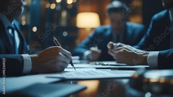 Fototapeta A group of lawyers is discussing contract documents that must be presented to a client Lawyers brainstorm to revise important documents that must be submitted to the Supreme Court : Generative AI