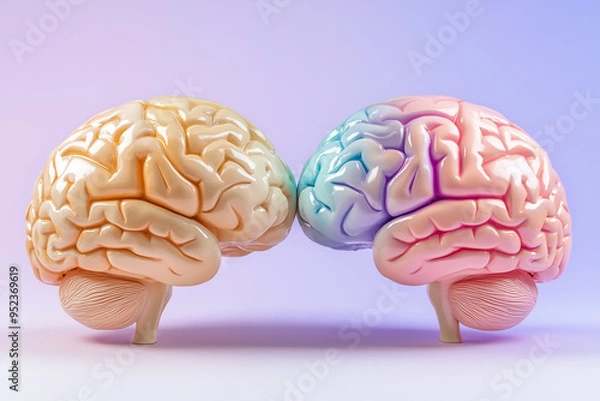 Fototapeta Sculpture of two brains, one male and the other female, facing each other with their heads touching together, with different colors on top of their heads 