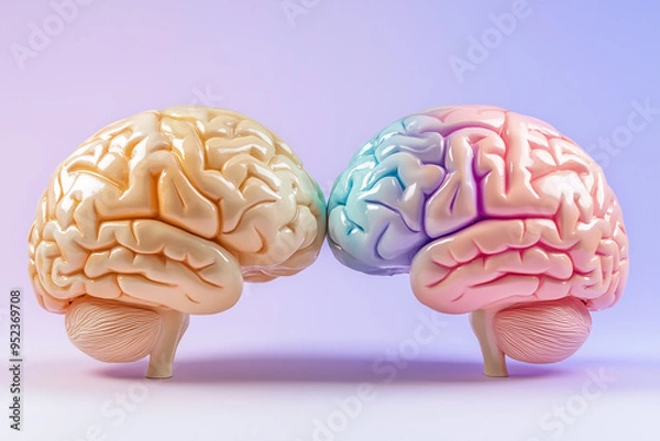 Fototapeta Sculpture of two brains, one male and the other female, facing each other with their heads touching together, with different colors on top of their heads 