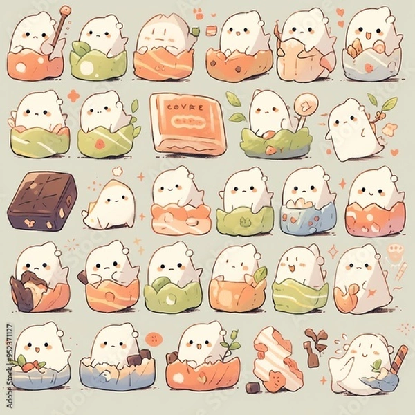 Fototapeta A cute collection of ghost characters enjoying various treats and snacks, perfect for whimsical designs and playful themes.
