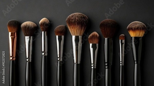 Fototapeta Various professional makeup brushes isolated on black background Cosmetics concept with copy space