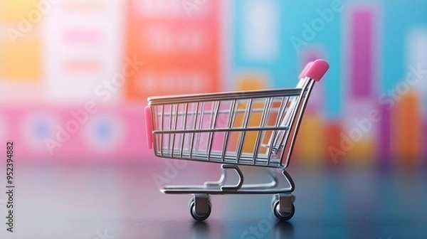 Fototapeta Miniature Shopping Cart on Colorful Blurred Background