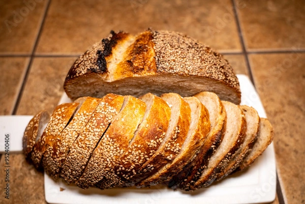 Obraz Freshly Sliced Artisan Sesame Bread 